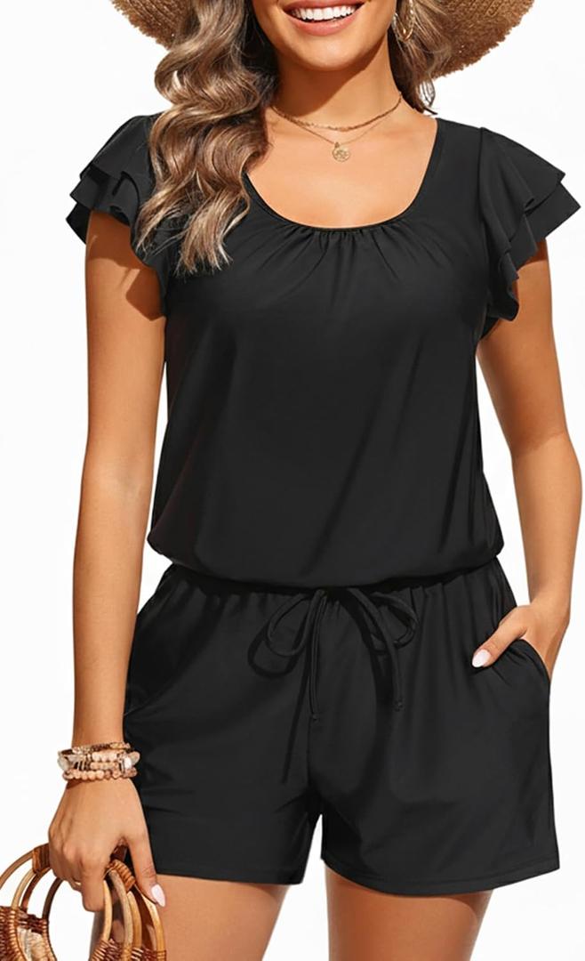 Tempt Me Women One Piece Romper Swimsuit - Ruffle Sleeve Modest Jumpsuit Bathing Suit with Shorts 2026 Swimwear Black L