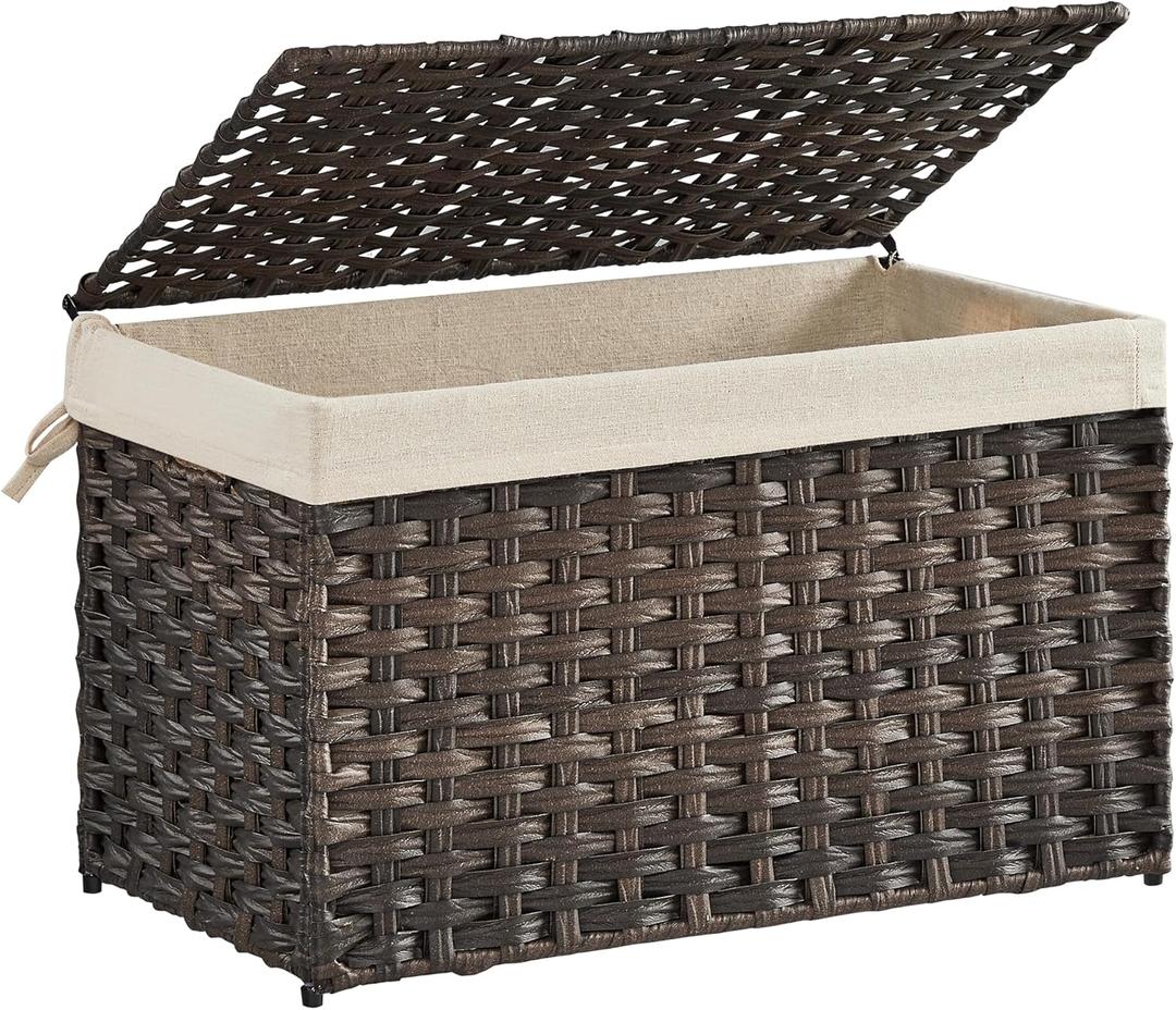 SONGMICS Storage Basket with Lid, 17.2 Gallon (65L) Storage Bin, Woven Blanket Storage Basket with Handles, Foldable, Removable Liner, Metal Frame, for Bedroom, Laundry Room, Brown URST56BR