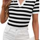 LilyCoco Womens Striped Shirt Fitted Collared Neck Short Sleeve T Shirt Black and White Medium (M)