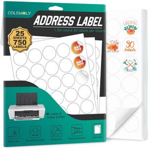 Address Labels 1-1/2 Round for Laser and Inkjet Printers - 25 Sheets, 30 Labels Per Sheet 750 Blank Matte White Sticker Paper for Organization, Labeling, Inventory Management, Product Branding
