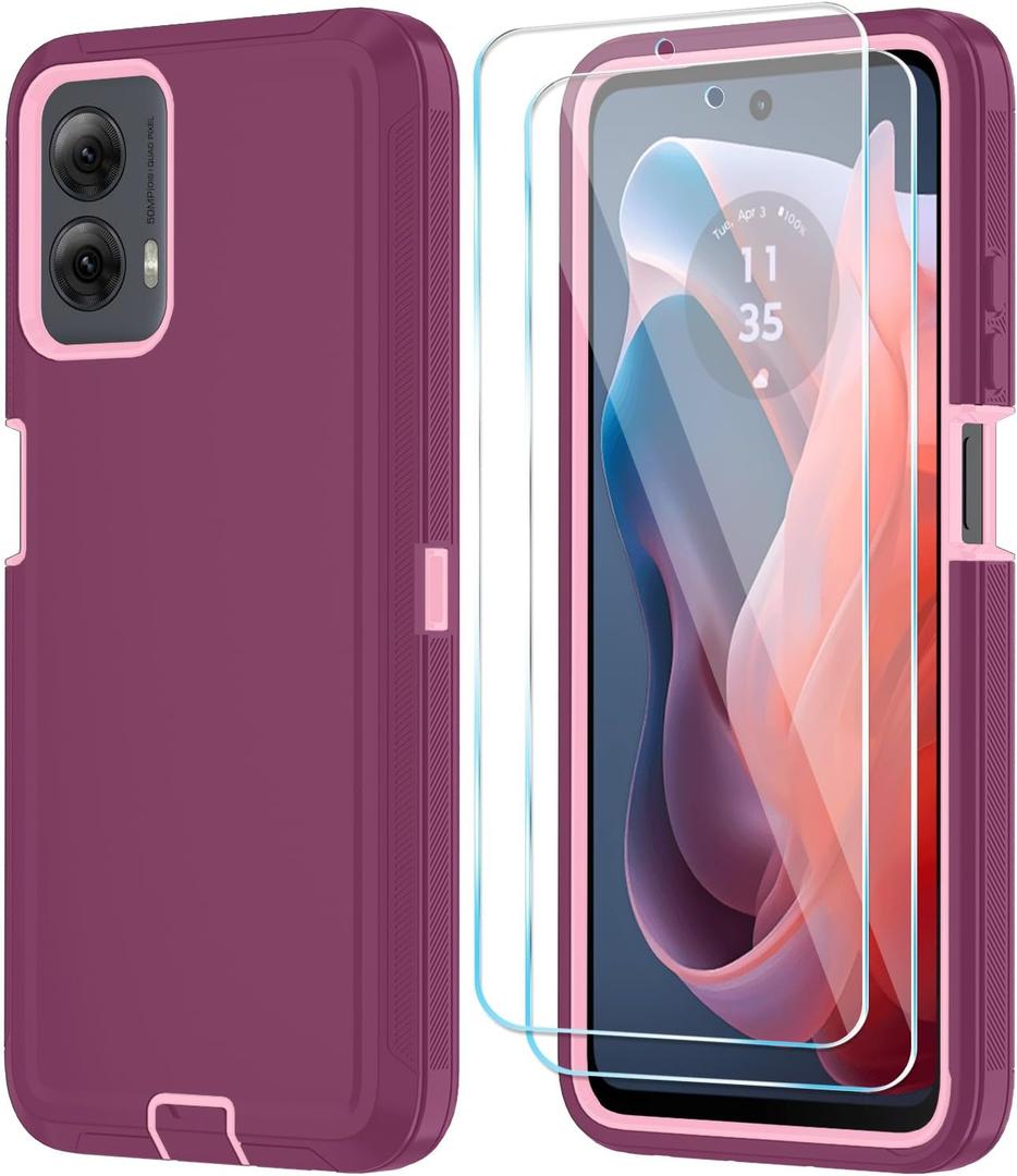 Qinmay Phone Case for Motorola Moto G Power 5G 2024 Case with HD Screen Protector, Heavy Duty Shockproof & Cover Phone Case for Moto G Power 2024,WineRed Pink