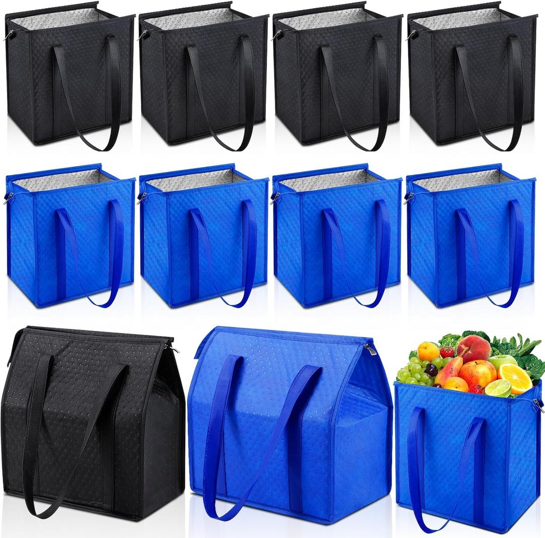 10 Pcs Large Insulated Grocery Bags, Insulated Shopping Bags For Groceries, Reusable Cooler Tote Bag with Zippered Top for Hot Cold Food Carrier,Travel(13 x 12 x 7 inches,Black and Blue)
