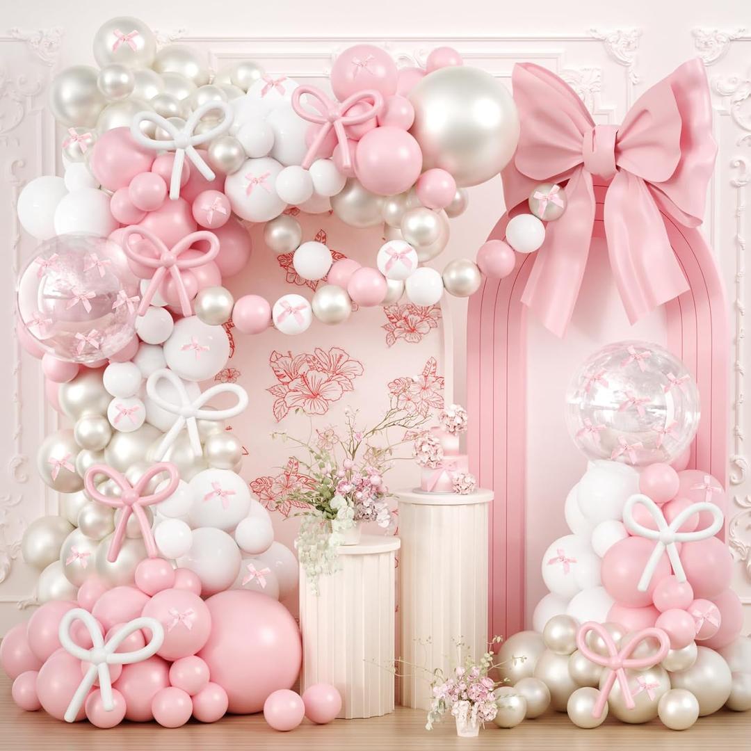 Pink Bow Balloons Arch Garland Kit,JOGAMS 199Pcs Pink and White Balloon Arch Kit with 260 Clear Pearl Balloons Ribbon Bow for Bow Coquette Birthday Decorations Bachelor Baby Shower Bridal Shower