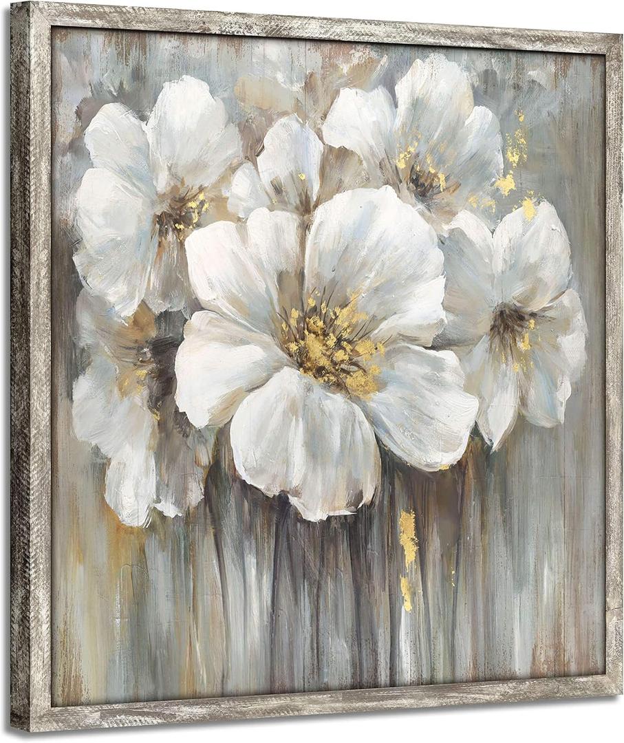 Floral Pictures Wooden Artwork Framed: White Lily Wall Art Botanical with Golden Foil Paintings on Wood Plank for Bedroom (12W x 12H, Multi-Sized/Material)