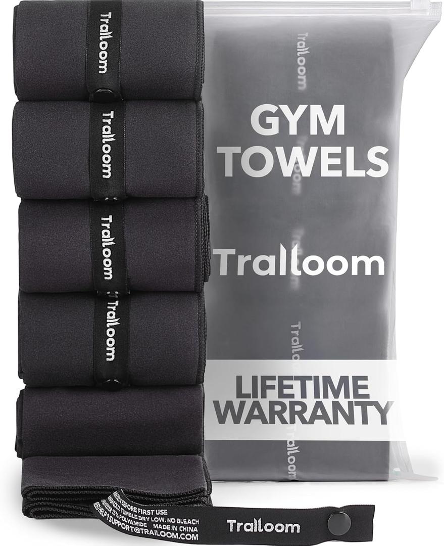 Trailoom Microfiber Workout Towels - Quick Dry, Highly Absorbing, Odor-Free, for Men & Women - Gym Sweat Sports Towel for Hot Yoga, Tennis, Running, Exercise, Working Out, Camping, Set of 5 Black