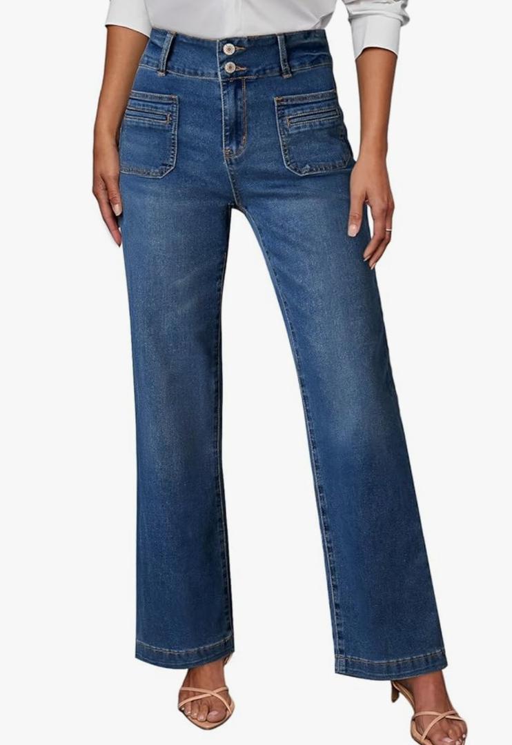 Sidefeel Women's Wide Leg Jeans High Waisted Tummy Control Stretchy Pockets Front Straight Leg Jeans, Size 2