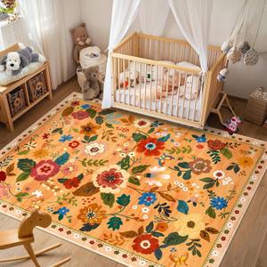 Floral 5x7 Area Rug Machine Washable Soft Print Boho Carpet Non Slip Doormat Low Pile Flower Area Rugs for Living Room Bedroom Nursery Kitchen Dining Room Indoor-Yellow/Orange
