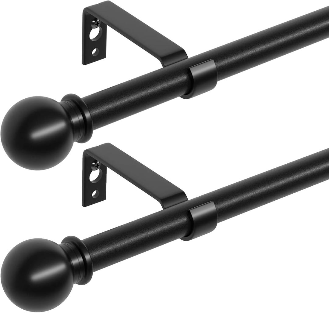 ATUHOLA 2 Pack 28-48 inch Black Metal Wall Mounted Curtain Rod Set with Brackets, 5/8" Adjustable Small Curtain Rods for Bedroom, Kitchen, Living Room, Grommet Curtains