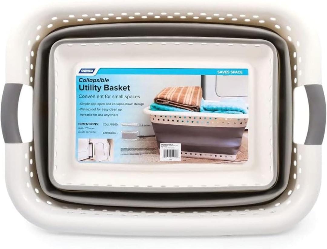 Camco Collapsible Utility Laundry Basket - Waterproof Design Easily Fits Into Compact Spaces | Great for Traveling, RVs, Trailers Camping, Dorms, Small Spaces and More - (51903), White/Gray, Large