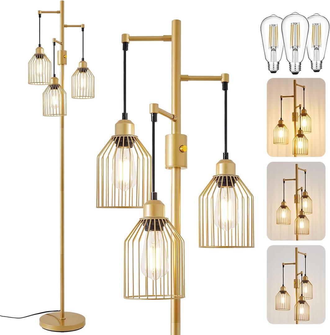 Dimmable Industrial Floor Lamp with 3 Cage Heads, 68.5" Gold Tree Standing Lamp with Stepless Dimming, Modern Farmhouse Tall Pole Light for Living Room, Bedroom, Office, E26 Base (Bulbs Included)