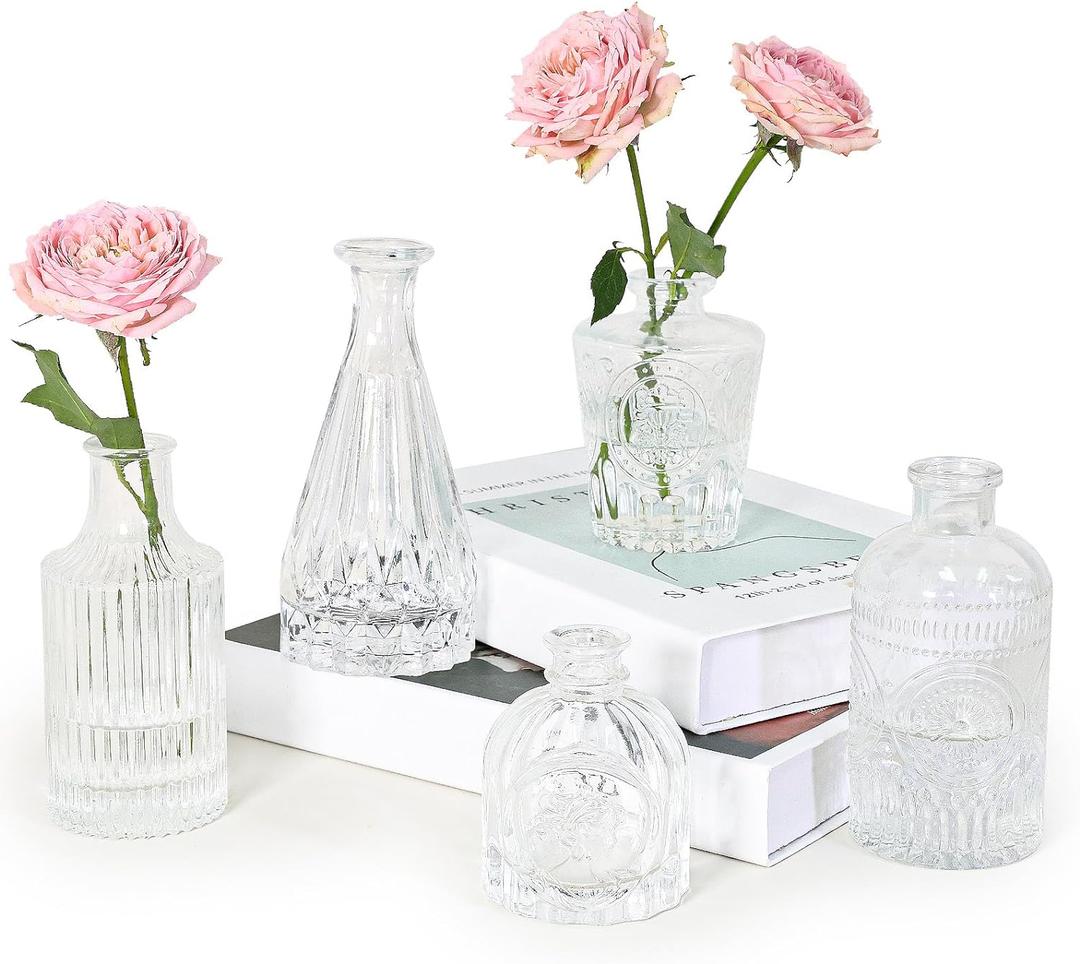 Glass Bud Vase Set of 5, Clear Small Flower Vases for Centerpieces in Bulk, Mini Vintage Vase for Rustic Wedding, Home,Table