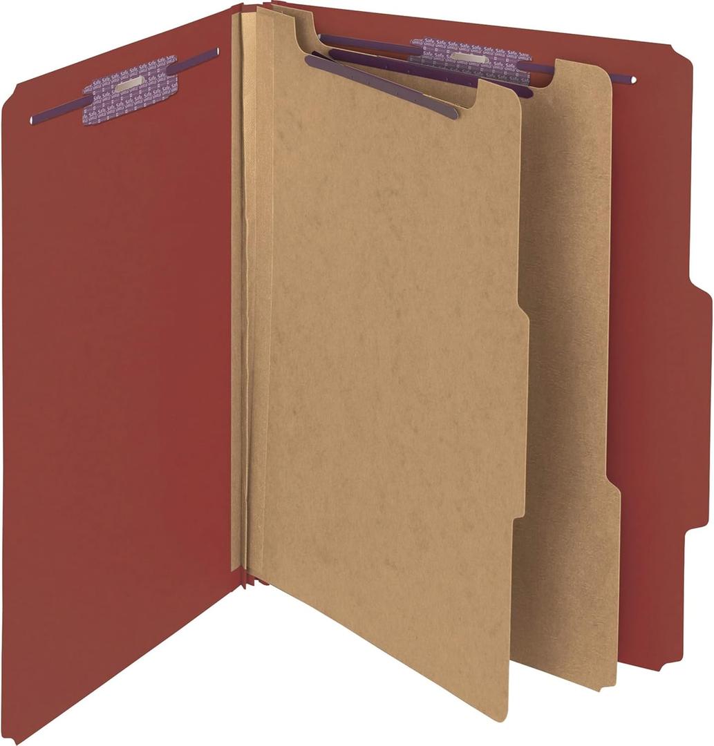 Smead Pressboard Classification File Folder with SafeSHIELD Fasteners, 2 Dividers, 2" Expansion, Letter Size, Red, 10 per Box (14075)