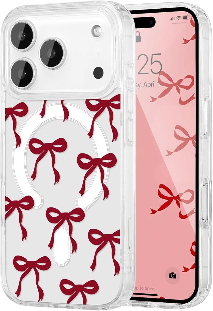 UEEBAI Magnetic for iPhone 17 Pro Max Case, Bow Case Compatible with MagSafe, Wireless Slim Clear Ribbon Aesthetic Phone Cover Anti-Yellowing Shockproof Protective Cover for Women Girl - Burgundy