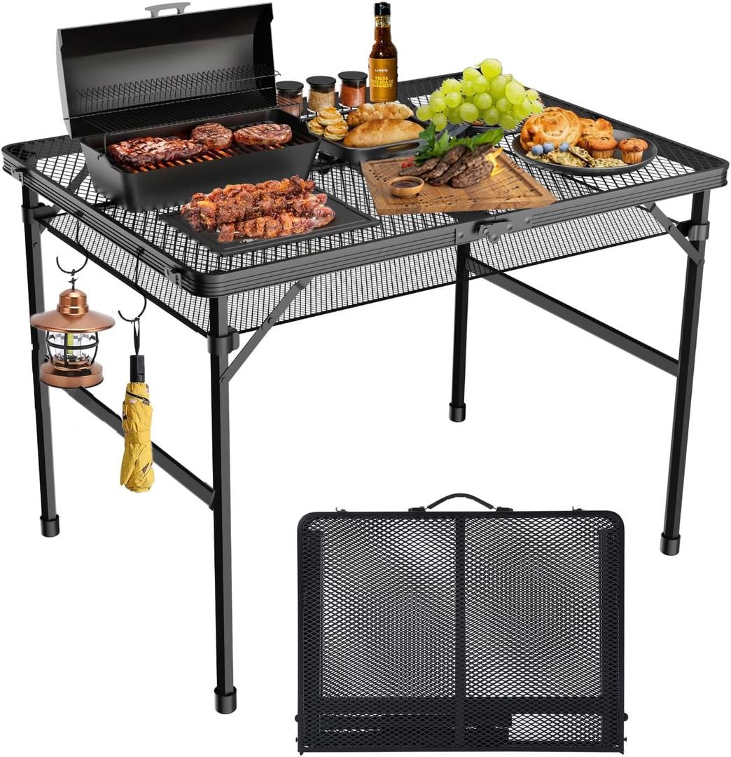 Folding Camping Table with Mesh Desktop, 3x2 FT Aluminum Folding Grill Table, Adjustable Height Metal Folding Table with 2 Heights, Portable Table for Outdoor BBQ Grill Picnic Cooking