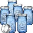 Tebery 6 Pack Vintage Blue Home Mason Jars with Airtight lids & Bands, 32Oz Wide Mouth Quart Glass Canning Jar for Fermenting, Pickling, Storage, DIY Crafts & Decor