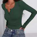 3 x PRETTYGARDEN Women's 2025 Summer Long Sleeve Henley T Shirts Ribbed Knit Button Slim Fitted Basic Casual Going Out Fall Tops (Green, XL)