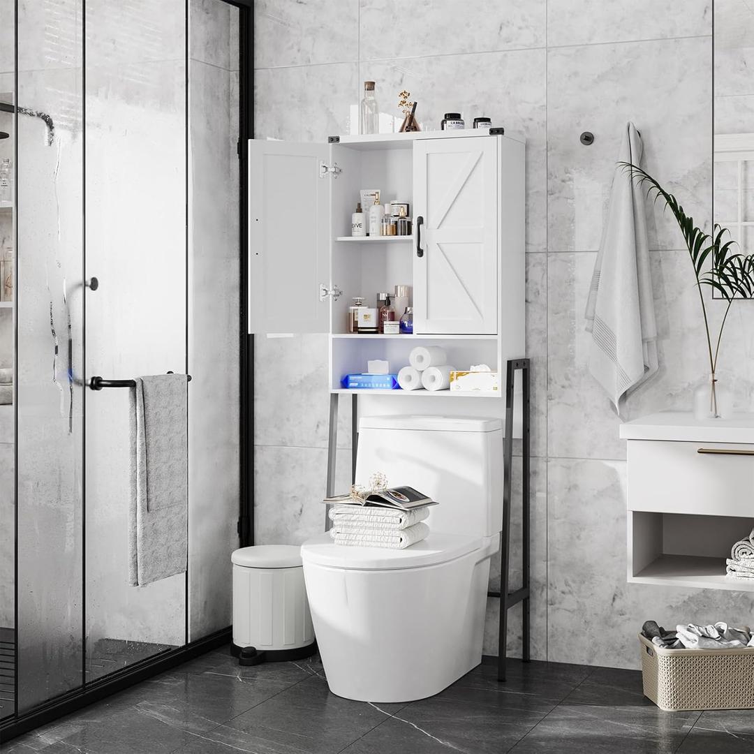 Over The Toilet Storage Cabinet with 2-Door Design Bathroom Organizers and Storage with Anti-Tip Device Over Toilet Organizer with Shelves for Bathroom,Restroom,Laundry White, 23.46" X 9.96" X 67.28"