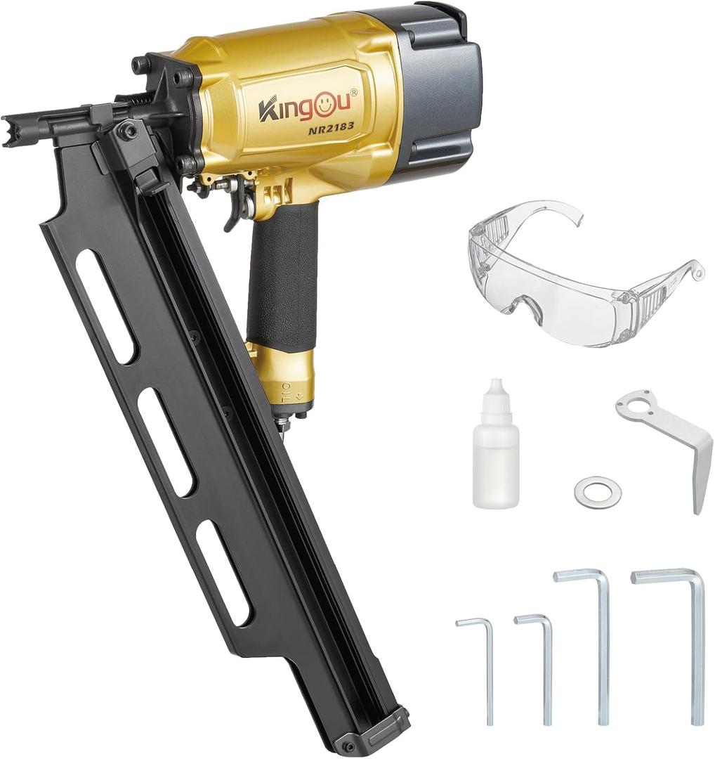 KingOu NR2183 21 Degree Aluminum Magazine, Pneumatic Framing nail gun, 2-Inch up to 3-1/4-Inch Plastic Collated Full Head Framing Nails, Framing, Wooden House Building, Fencing