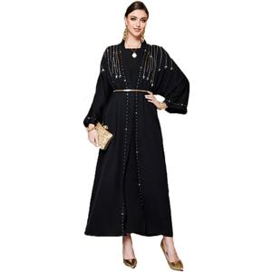 Embroidery Jalabiya Chiffon Abaya Dress for Women Dubai Sadui Muslim Eid Clothes (Small, Black3135)