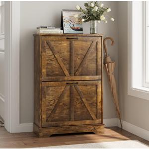 Shoe Cabinet, Shoe Storage Cabinet for Entryway with 2 Flip Drawers, Narrow Farmhouse Shoe Organizer Cabinet, Slim Shoe Rack Cabinet, 23.6in Rustic Brown, Width - 23.6 inches