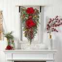 Briful Red Magnolia Christmas Swag 29.5 Farmhouse Christmas Teardrop with Red Pomegranate & Berries, Hanging Xmas Door Swags for Front Door, Fireplace Mantel, Outdoor Holiday Decor