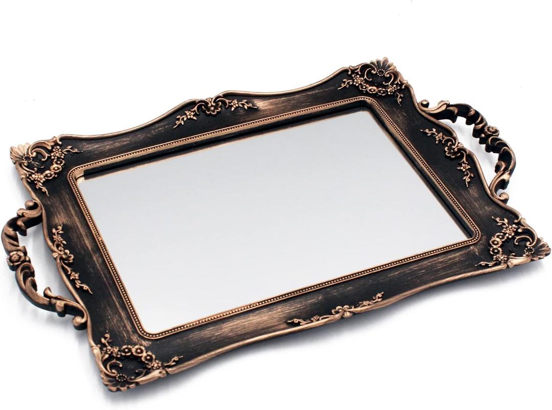 Tstarer Antique Decorative Gold Framed Square Mirror Tray, Jewelry & Cosmetics Organizer for Dresser, Square - 9.5" W x 14.5" L (Bronze)