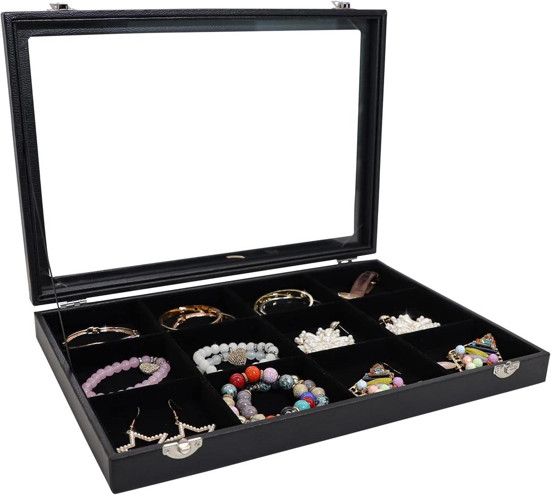 Wudygirl Jewelry Tray 12 Grid Jewelry Organizer with Clear Lid Bracelet Holder Organizer Display Case Removable, Black Velvet (12 Grid)
