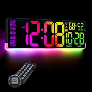 16.5" Large Digital Wall Clock: 11 Screen Colors and 13 U-Shaped RGB Backlight Modes with Sync Screen, Auto DST, Temp & Humidity, Dual Alarm & Timer – Digital Clock for Classroom, Gym, Gaming Room