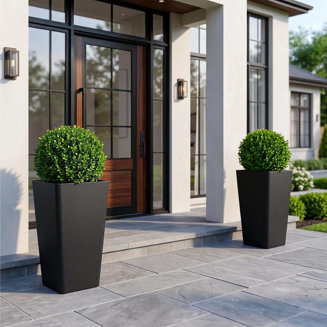 KOL Planters for Outdoor Plants, 20 Inch Tall Black Flower Pots 2 Pack, Large Plastic Plant Pots with Drainage Hole and Dual-Purpose Tray, Decorative Indoor Planter for Front Porch Patio Garden