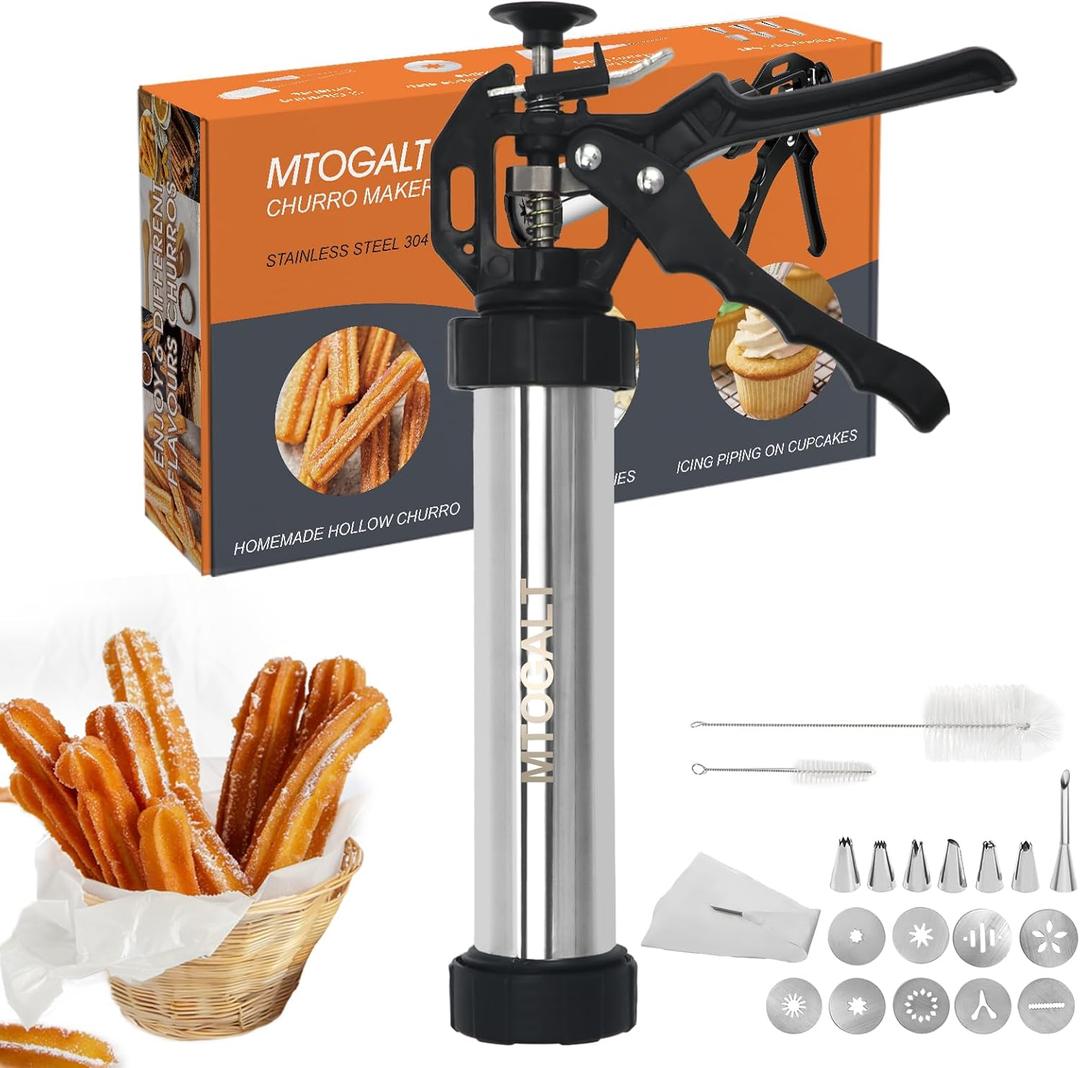 Churro Maker Machine, 21-Piece Stainless Steel Churro Gun Kit, Churros Maker Gun, Cookie Press Set, Hollow Churro, Spritz Cookie Press Gun with Piping Bag, Filler, 6 Tips, 9 Discs, 2 Brushes