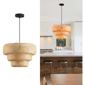 18.12 Inch Bamboo Pendant Light 3-Tier Hand Woven Rattan Pedant Light for Kitchen Dining Room Bedroom Living Room Kitchen Island Coastal Pendant Light, 18 inch-3 Layer