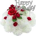 Cemetery Memorial Artificial Flower Cake - Elegant Ivory Carnations & Red Roses with Sparkling Happy Birthday Insert- Suitable for Grave Headstones Gravesite Decorations Sympathy Gifts