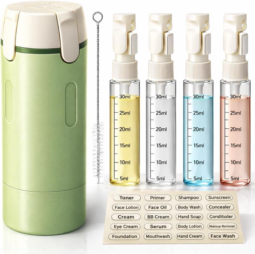 4-in-1 Travel Bottles for Toiletries, Travel Pump BottleLeak-Proof Shampoo Conditioner Lotion Dispenser with Pump, Compact No-Spill Toiletry Containers for Travel & Business Trips (Green)
