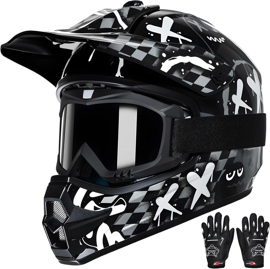 TRIANGLE Youth Kids Dirt Bike Helmet Full Face Motocross Helmet with Goggle & Gloves DOT/FMVSS-218 Approved Motorcycle Helmet. XL Size