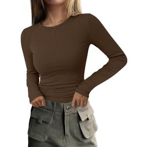 PRETTYGARDEN Long Sleeve Shirts for Women Fall Going Out Tops Casual Ribbed Knit Slim Fitted Basic Tees Y2K Spring Clothes