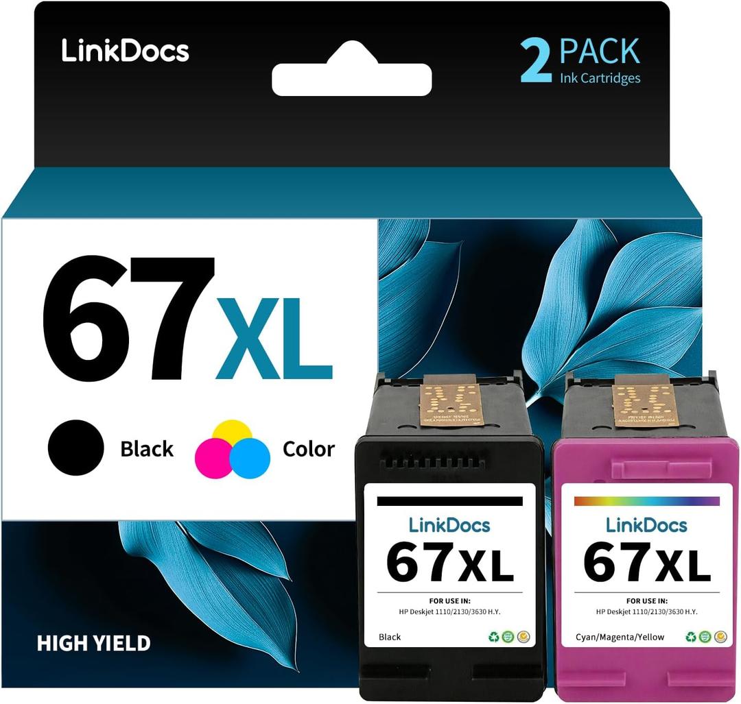 LinkDocs 67xl Ink Cartridges Combo Pack Remanufactured Replacement for HP Ink 67 Work with HP DeskJet 2855e 2800e 2755e Envy 6055e Pro 6400 6455 DeskJet 2732 2752 Printers (2-Pack Black&Tri-Color)