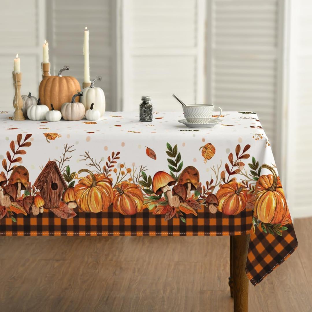 Horaldaily Fall Tablecloth 60x84 Inch Rectangular, Thanksgiving Autumn Harvest Pumpkin Mushroom Orange Buffalo Plaid Table Cover for Party Picnic Dinner Decor