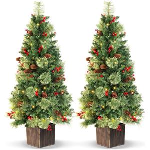 4FT Outdoor Christmas Tree with Lights in Vintage Potted Base, Battery Operated Xmas Tree with Cedar Branches & Pinecones, 100 LED Warm Lights with Timer, Porch Entryway Holiday Decor, Set of 2