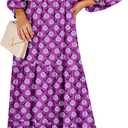 ANRABESS Womens Boho Maxi Dresses 2025 Summer V Neck Puff Sleeve Floral Flowy Swing Fall Casual Long Dress (Small, Purple)