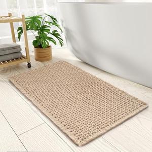 Checkered Bath Mat, Super Absorbent Non Slip Bath Mats for Bathroom Floor 3D Woven Bathroom Mat with Tassels Machine Washable Bathroom Rugs Beside Tub, 18" x 30", Brown