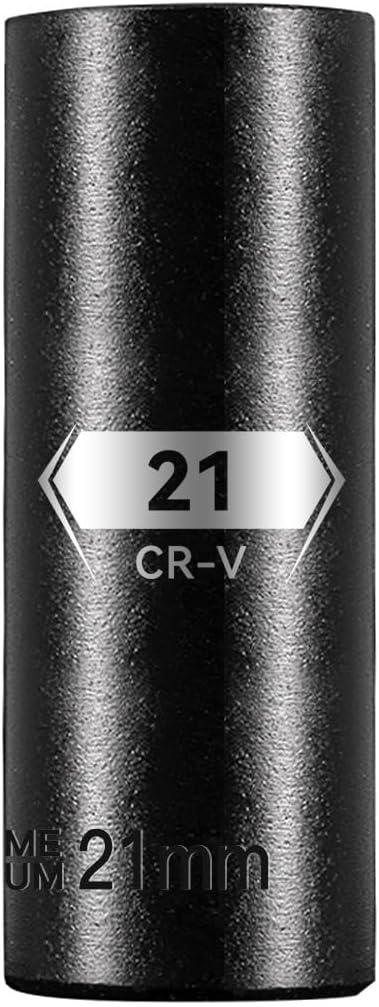 BLACKROBOT 1/2 Inch Drive 6-Point Deep Socket, 21mm Deep Impact Socket, CR-V Steel
