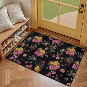 Kitchen Rug 2x3, Floral Washable Vintage Plaid Black Boho Area Rug, Low Pile Non Slip Throw Rug, Small Indoor Door Mat, Ideal for Entrance,Bedroom,Hallway,Laundry,Bathroom