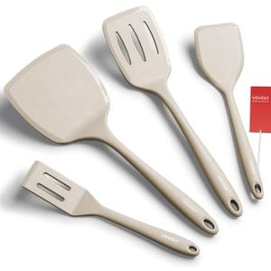 Silicone Spatula Set, 600F Heat Resistant Silicone Spatula Turner Flipper for Cooking, Non Stick and Non Scratch Kitchen Utensils for Eggs & Pancakes, 4 Pack,Khaki
