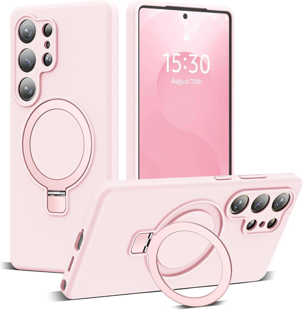 for Samsung Galaxy S25 Ultra Case with Magnetic Invisible Stand [Compatible with Mag-Safe] Military Drop Tested [Full Camera Protection] Silicone S25 Ultra Case for Women Men 6.9'', Pink