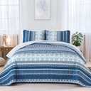 WONGS BEDDING Boho Quilt Set King Size, Navy Blue Bohemian 3 Pieces Quilt Sets, Lightweight Microfiber Bedspread Coverlet Bedding Set for All Season (104"x90")