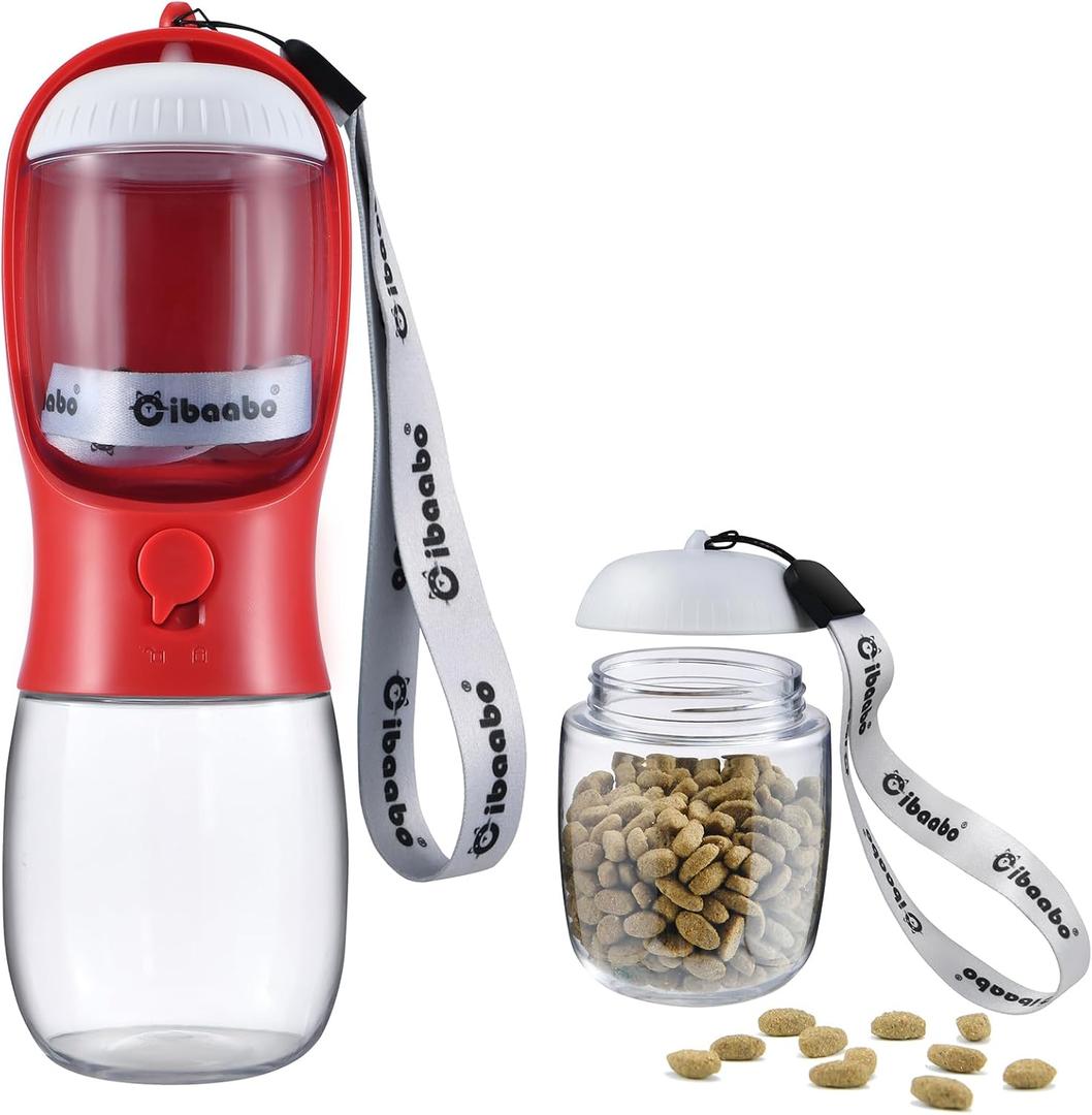Dog Water Bottle with Food Container, Travel Puppy Water Bowl, Portable Pet Dispenser, Dog Stuff Accessories Items, Puppy Essentials Necessities for Yorkie Chihuahua Cat Walking and Hiking (10oz, #11 Red)