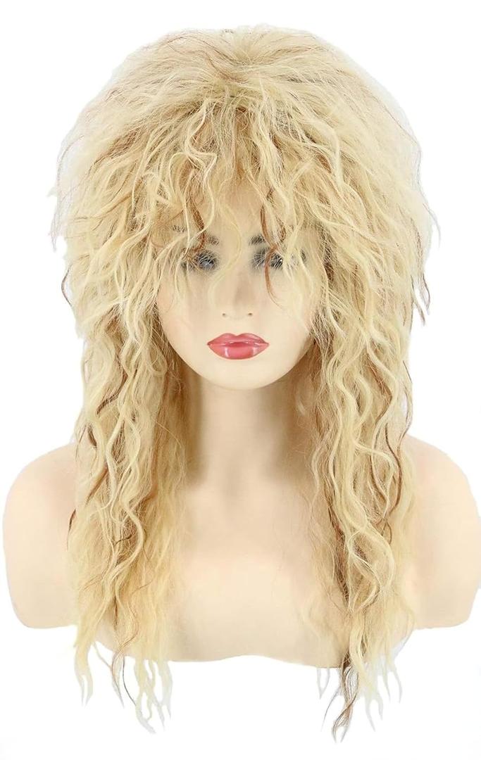 Topcosplay Blonde 80s Tina Rock Diva Wig Mullet Wigs for Men or Women Curly Long (Blonde mix Brown)