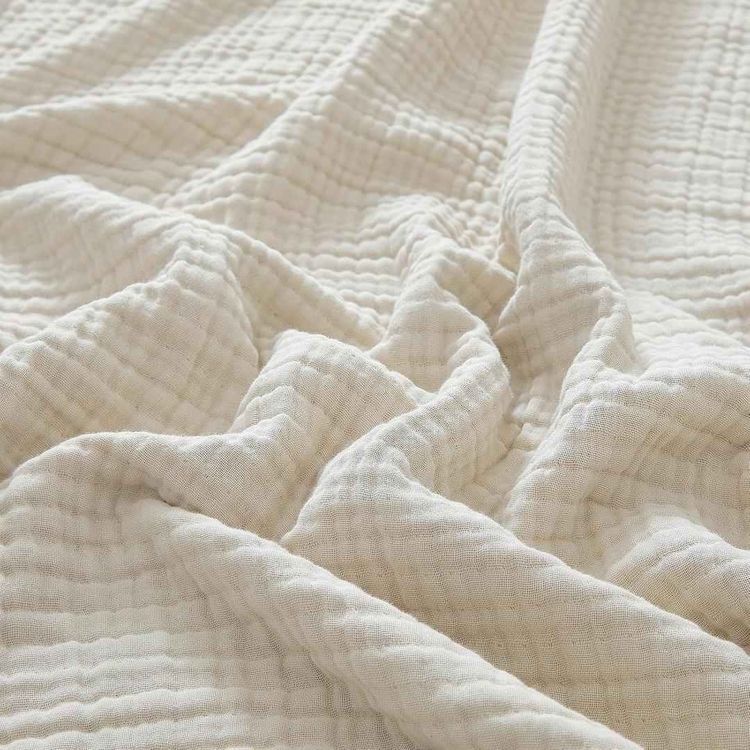 PHF 100% Cotton Muslin Throw Blanket 50" x 60", 4-Layer Lightweight and Breathable Blanket, Luxuriously Soft Gauze Throws for Couch Bed Sofa, Ideal Gift Choice, Oat Milk