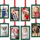 UNIQOOO 8 Pcs Christmas Acrylic Green Photo Frame Ornaments for Display Picture, 2 x 3 Inch Festive Hanging Decoration, Double-Sided Picture Frames for Holiday, Home, Party, Xmas Tree Decorations