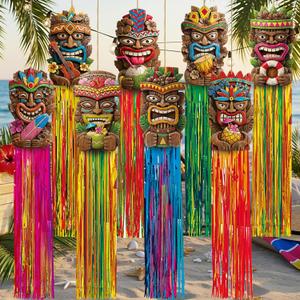 Affrolling 8 Pcs Tiki Party Decorations Hawaiian Luau Party Decoration Tiki Totem Hanging Decorations with Tassels for Aloha Hawaii Luau Tropical Survivor Themed Supplies 3.3 ft Outdoor Summer Decor